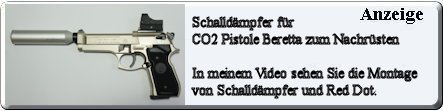 Fr die CO2 Pistole Beretta gibt es nun auch einen Schalldmpfer zu Nachrsten. In meinem Video zeige ich die Komplettierung mit Red Dot und mit dem Schalldmpfer. In Deutschland sind Schalldmpfer fr Luftgewehre und CO2 Waffen frei zu erwerben, wenn auch die Waffe frei ab 18 Jahren zu bekommen ist.